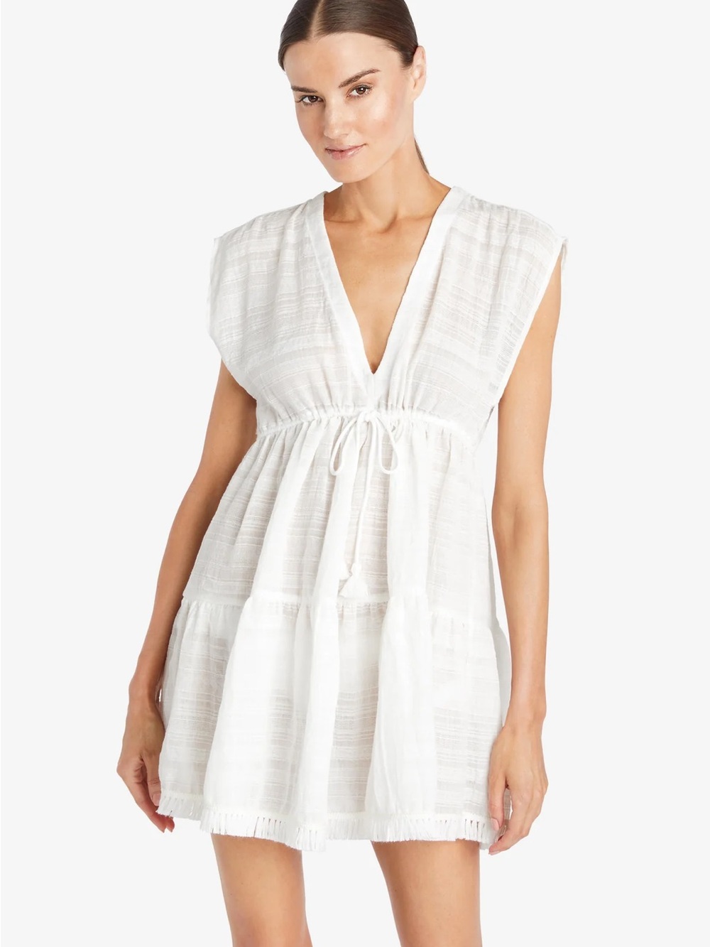 Robin Piccone Flouncy Dress White V-Neck Swim Cover-Up Dress XS